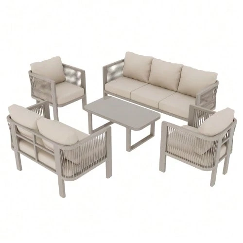 5-Piece Garden Furniture Set, Glass Top, Teslin Rope Weave, Including A 3-Seater Sofa, A 2-Seater Sofa, Two Armchairs And A Coffee Table, Khaki Colour. - Khaki - View 1