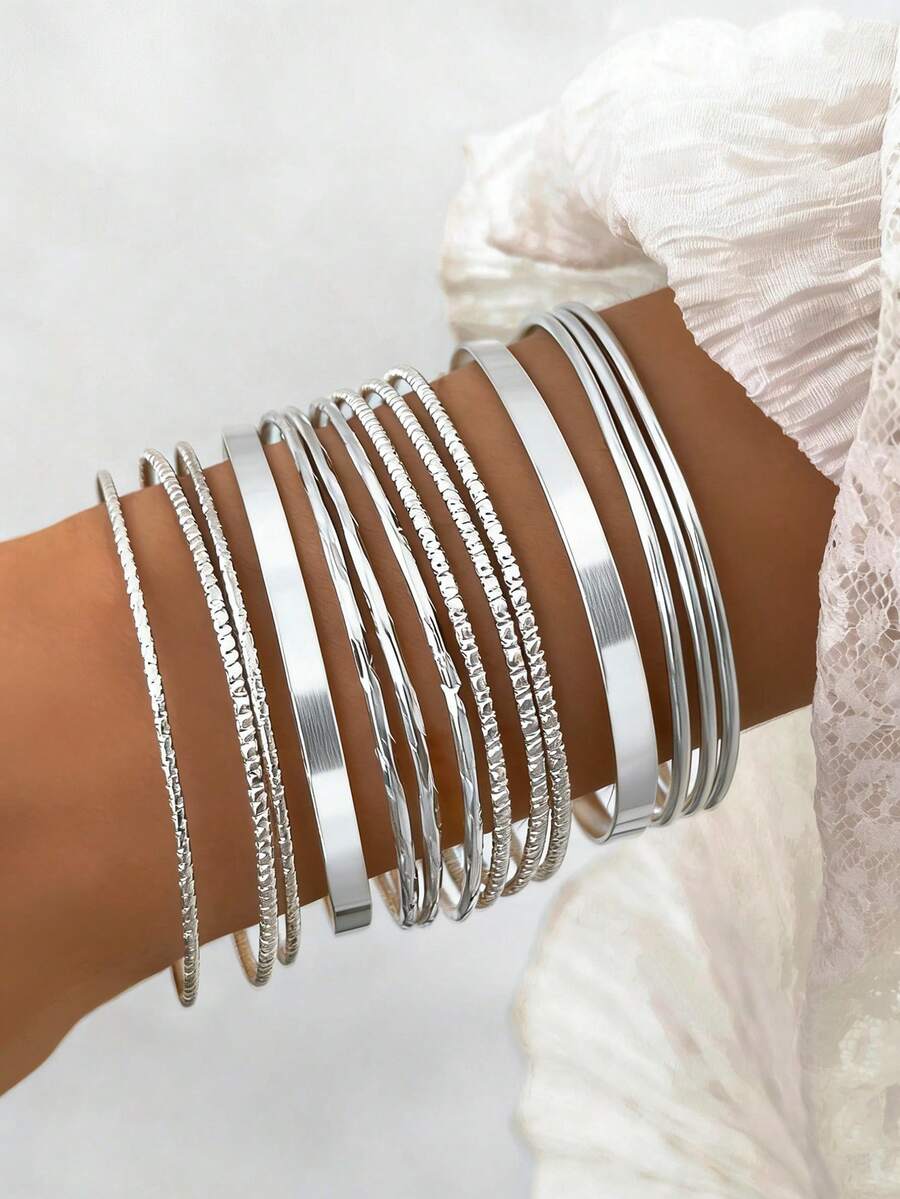 Set de 14 pulseras tipo brazalete con círculos minimalistas en capas, estilo INS, para mujeres - Plateado - Ver 1