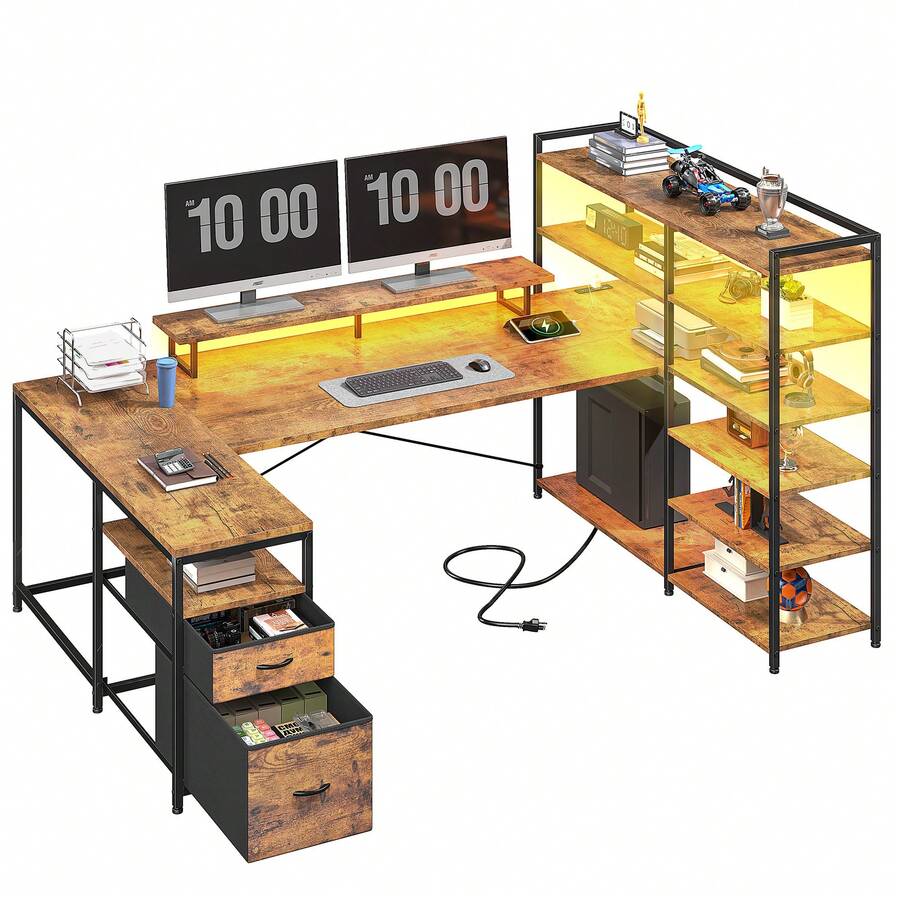 EnHomee Computer Desk With 6 Storage Shelves & 2 Fabric Drawers, 63"Reversible L Shaped Gaming Desk With Power Outlet, LED Strip & Monitor Stand - 查看 1