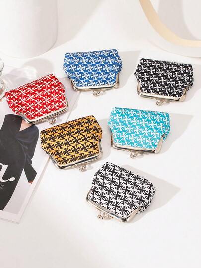 1pc Geometric Triangle Print Kiss Lock Coin Purse, Vintage Mini Wallet Portable Small Pouch For Coins Cards Keys, Fashion Daily Storage Bag For Women Girls