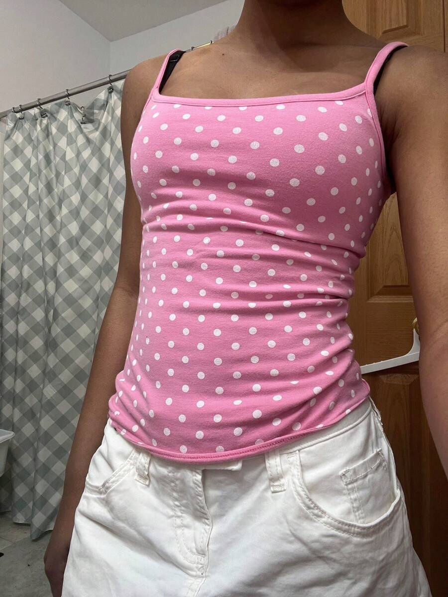 Women Y2K Spaghetti Strap Cami Top Polka Dots Sleeveless Backless Fitted Camisole Aesthetic Going Out Tops Summer Cute Girl's Outfit Casual Daily Wear - 粉色 - 查看 1