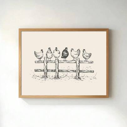 1pc Framed/Unframed Chickens On Fence Retro Canvas Poster Vintage Farm Animal Rustic Wall Art Print Minimalist Cottagecore Decor Painting For Apartment,Living Room,Bedroom,Modern Home Decoration