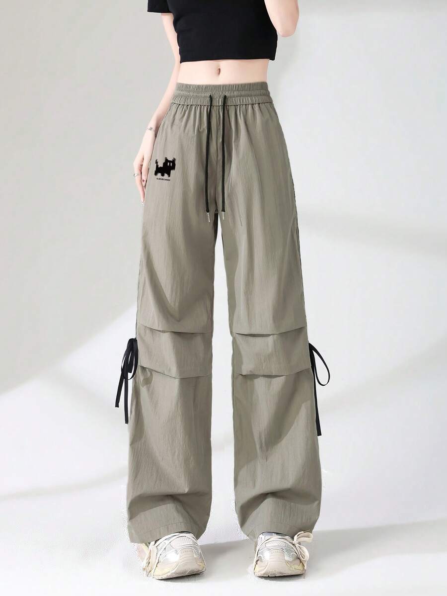 JUTU Loose Drawstring Pocket Side Stripe Bow Tie Straight Leg Pants, Pixel Cat Print, Elegant Chic For Spring, Summer & Autumn - 0A91 Cement Ash - YH1085 - View 1
