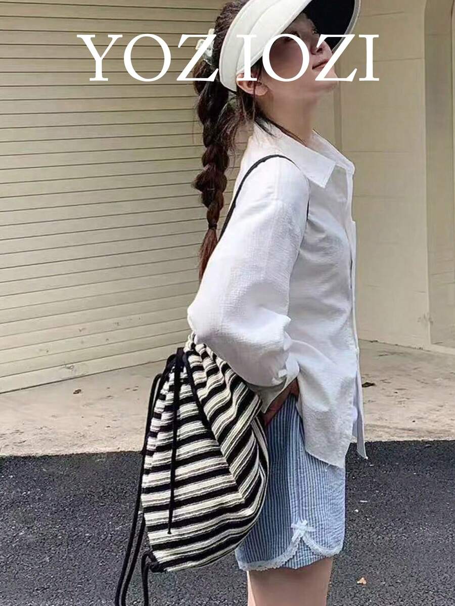 Back To School Korean Style Casual Oversized Capacity College Backpack, Striped Fashion Student Backpack, Niche Design For University & High School, Versatile Commute & Outdoor Bag - Black - View 1