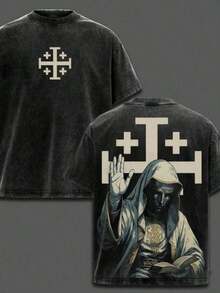 Men's Washed T-Shirts,Baldwin IV Washed Oversized Tee Featuring Crusader Knight Artwork & Distressed Retro Fit – Trending Medieval Streetwear Essential - size - 查看 10