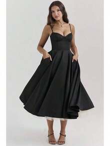 Women's Elegant Double Layered Flowy Dress, Classic Full Skirt A Line Swing Midi Gown, Lightweight Premium Casual Formal Dress, Modest Chic Party Wedding Guest Bridal Shower Evening Daily Outfit S-2XL - 黑色 - 查看 2