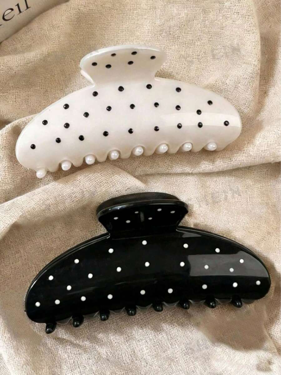 2 piezas/1 pieza Pinzas para el cabello de plástico con lunares negros y blancos de 4.13 pulgadas/10.5 cm, elegantes y versátiles de unicolor minimalistas, adecuadas para uso diario, casual, fiesta, viaje, playa, moño, cola de caballo, lavarse la cara, maquillaje, accesorio de vestimenta, atuendos de verano, pinzas de playa de verano - Blanco y Negro - Ver 1
