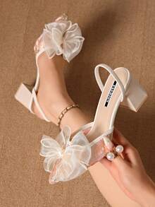 新款中国风白色蝴蝶结网眼高跟穆勒鞋，女士尖头蕾丝刺绣两穿细高跟/粗跟凉鞋 - 粉色 - 查看 1