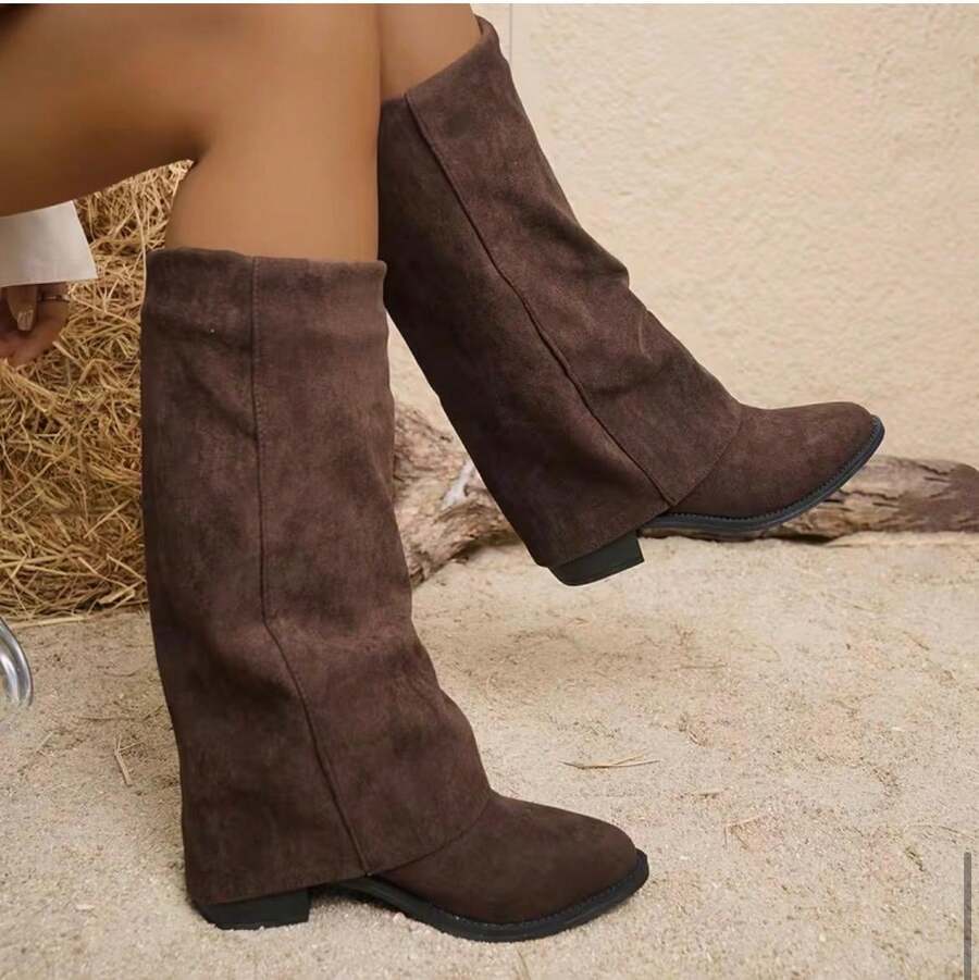 Suede Knee-High Boots For Autumn/Winter, French Style With Chunky Heel And Pointed Toe. Ref 9002 - 咖啡棕 - 查看 1