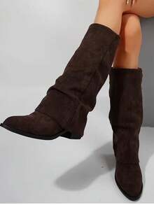 Suede Knee-High Boots For Autumn/Winter, French Style With Chunky Heel And Pointed Toe. Ref 9002 - 咖啡棕 - 查看 16