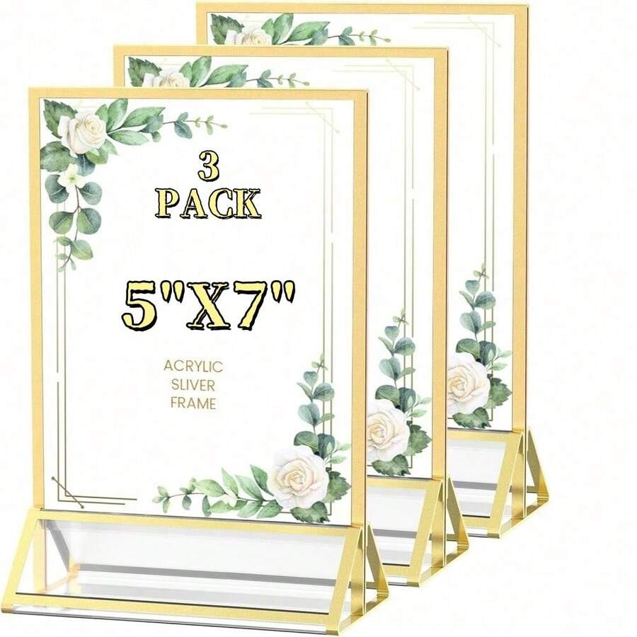 3pcs 5x7 Inch Acrylic Sign Holder, With Silver Frame And Vertical Stand, Double-Sided Table Menu Display Frame, Suitable For Wedding Table Numbers, Restaurant Signs, Photo And Art Exhibition