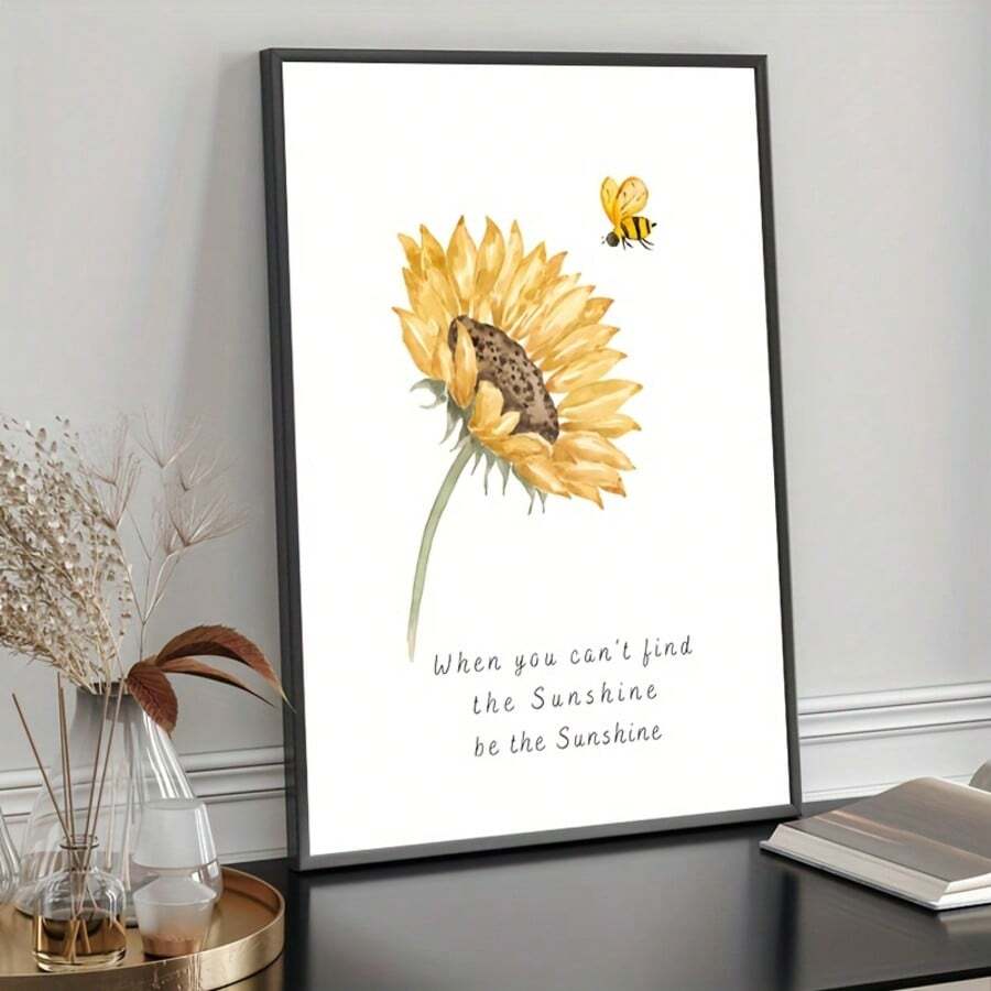 1 pieza Impresión en lienzo de acuarela de girasol y abeja - Arte de pared con cita inspiradora vibrante, póster reutilizable de poliéster sin marco para decoración del hogar, oficina o estudio, regalo perfecto de naturaleza de verano, decoración de sala de estar