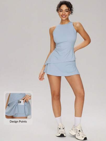 MASKERT 2pcs/Set Women Sleeveless Tank Top + Asymmetric Mini Skirt Sports Suit, Suitable For Tennis, Yoga, Running, Outdoor Activities And Fitness Training