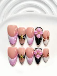 10pcs Japanese Sweet Girl Style Handmade Nail Art Set, Including Gel Nail Kit, Gold Glitter, Handcrafted 4-Petal Pink Floral Nail Decor, Brown Print, Black Nail Polish, With Nail Tools (1 Jelly Sticker + 1 Nail File), Available In 3 Sizes: Square, Short Square, Almond, Suitable For All Seasons, Perfect Gift For Girls Or Ladies Press On Nails - Multicolor - View 18