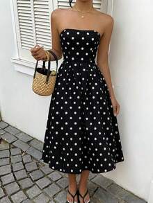 Đầm midi đi nghỉ mát cho nữ, đầm quây in chấm bi mùa xuân hè, thích hợp cho kỳ nghỉ/hẹn hò/tiệc tùng, trang phục mùa hè màu đen cho nữ. - màu đen - Xem 5