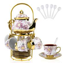 20-Piece European Porcelain Tea Set With Metal Stand & Floral Painting - Elegant Tea Service For Adults, Home Decor Or Gift (Small,  Purple) - Purple - View 13