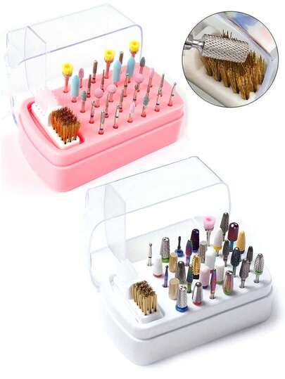 2 In 1 Nail Drill Bits Storage Box 30 Holes With Cleanning Brush Manicure Salon Grinding Head Holder Display Nail Art Accessory