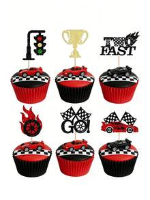 Racing Theme Birthday Party Decorations, Glitter Race Car Shaped Cupcake Toppers, Including Elements Like Race Car, Traffic Light, Steering Wheel, Trophy, Flag, Etc. - Multicolor - View 1