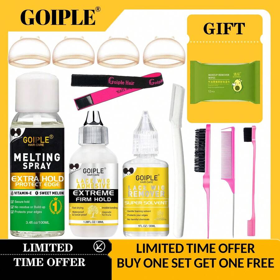 Goiple Waterproof Lace Glue Kit: Wig Melting Spray Extra Hold Glueless Adhesive For Bonding Lace Front, Includes Lace Melting Spray, Wig Glue, Adhesive Remover & Wig Setting Tools, Complete With A Full Set Of Accessories, Firmly Fixed And Long - Lasting, And Easy To Use. - 13件-贈品1件 - 查看 1