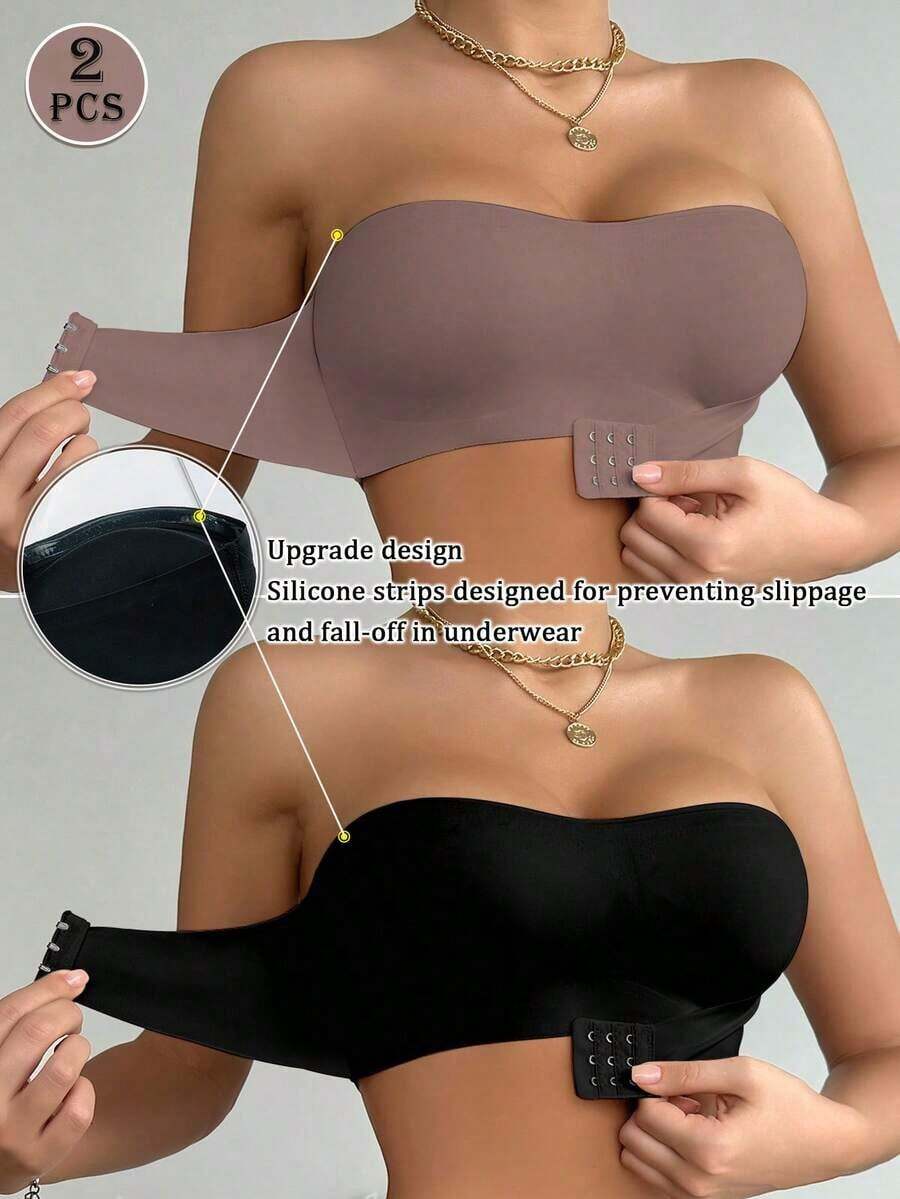 2pcs/Set Front Clasp Solid Color Strapless Bra With Upgraded Non-Slip Silicone Strips, Comfortable Wireless Bra With Cups, Non-Traditional Lift And Gather Bra Women, Black + Beige - 多色 10 - 查看 1