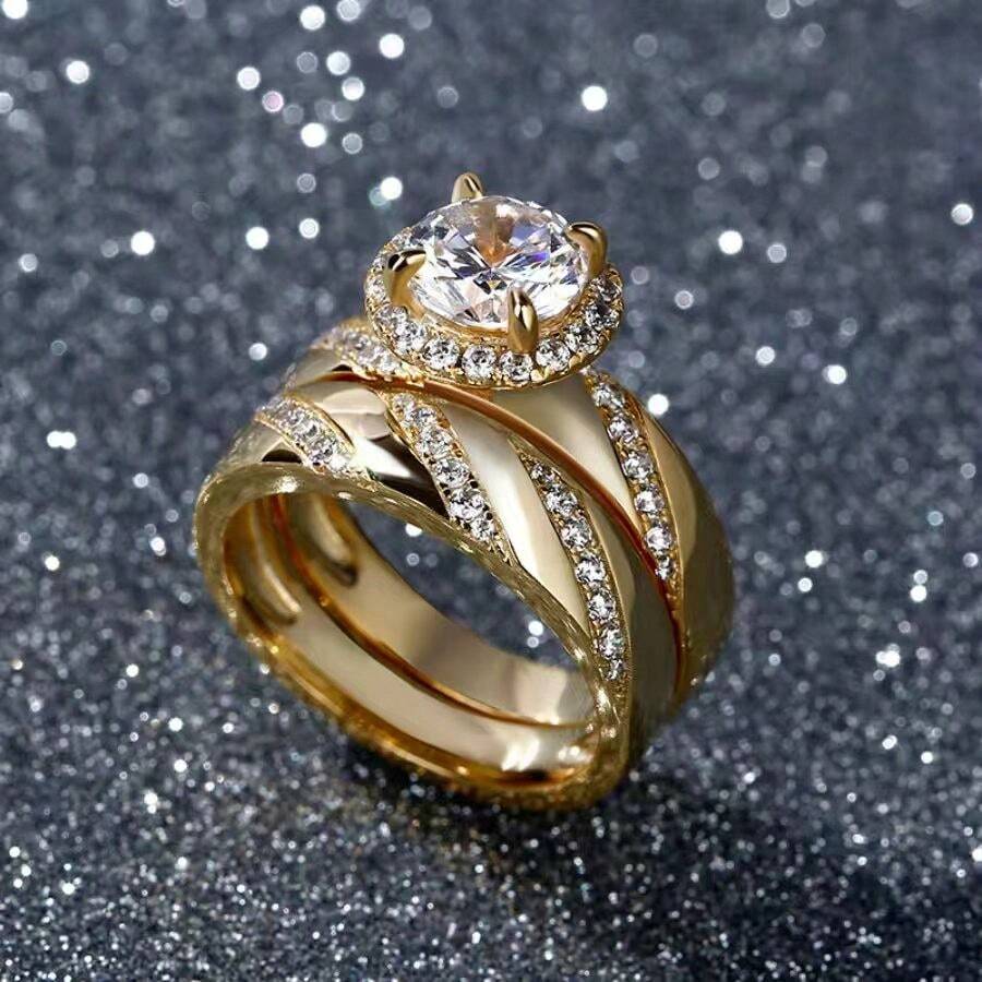 2 件奢华金色合金锆石装饰可叠戴戒指，适合女性日常佩戴和订婚 - 金色 - 查看 1