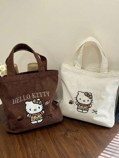 SANRIO 1 pieza Bolso de mano de pana con patrón bordado, bolso de tela grande y multifuncional con diseño de dibujos animados kawaii y estético, bolso de hombro versátil para mujeres para uso diario, escuela, compras, viajes y actividades al aire libre