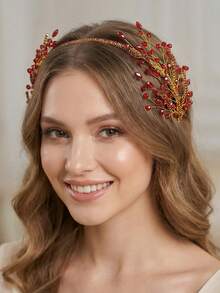 Elegant Red Crystal Bridal Headband, Suitable For Wedding And Party - Red - View 7