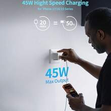45W PD3.0 USB C GaN Fast Charger, Dual Port Type-C And USB A Fast Charging Adapter, Compatible With IPhone 17 16 15 14 13 12 11 Plus Pro Max, Android/Tablet/Laptop Series, Laptop Charger, Mobile Fast Charging - White - View 3