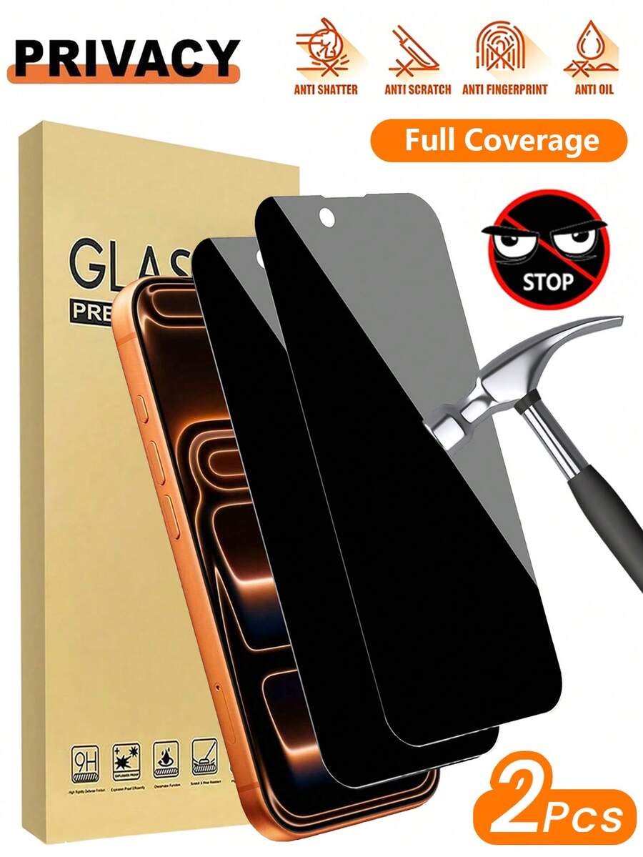 2pcs 9H Hardness Privacy Anti-Spy Tempered Glass Screen Protector, Compatible With Apple X/Xs/XS Max, 11/11 Pro/11 Pro Max, 12 Mini/12/12 Pro/12 Pro Max, 13/13 Mini/13 Pro/13 Pro Max, 14/14 Plus/14 Pro/14 Pro Max, 15/15 Plus/15 Pro/15 Pro Max/16/16 Plus/16 Pro/16 Pro Max, 17/17Pro/17Promax, Waterproof Shockproof Anti-Scratch Anti-Fingerprint Full Screen Coverage