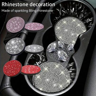 2pcs Shiny Crystal Car Cup Holders - Made Of Silicone With Sparkling Diamond Pattern, Black (White And Pink Available), Round, Suitable For Fashionable Interior Decor, Car Cup Coasters