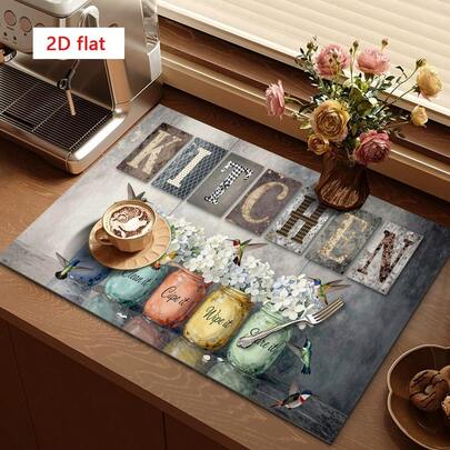 1 pieza Alfombrilla multiusos de secado, Almohadilla para máquina de café, Decorada con botellas de vidrio de colores, Flores blancas y patrón de colibrí, Alfombrilla de drenaje versátil, Regalo para el hogar, Decoración de escritorio