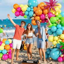 Este set de arco de globos tropical de verano incluye 149 globos de color naranja, rosa brillante, amarillo, azul, verde y dorado, así como globos de papel de aluminio con forma de estrella. Es adecuado para decorar fiestas con temática hawaiana, baby showers, fiestas de revelación de género, despedidas de soltero/soltera, fiestas de disfraces, bautizos y fiestas de cumpleaños. - Ver 4