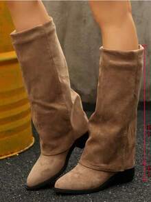 Suede Knee-High Boots For Autumn/Winter, French Style With Chunky Heel And Pointed Toe. Ref 9002 - Beige - View 8