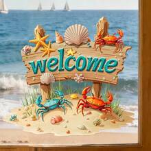 Hình dán cửa sổ chủ đề bãi biển mùa hè với chữ "Chào mừng". Có hình ảnh cua, do The Seaside Wall Sticker thiết kế. Một hình dán cửa sổ tự dính sáng tạo dành cho cửa sổ, cửa ra vào, phòng khách, phòng ngủ, phòng ăn, phòng học, phòng tắm, trang trí và làm đẹp kính. - A - Xem 1