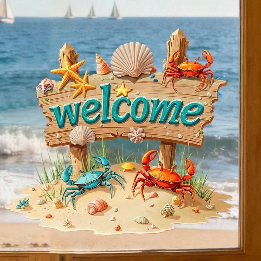 Hình dán cửa sổ chủ đề bãi biển mùa hè với chữ "Chào mừng". Có hình ảnh cua, do The Seaside Wall Sticker thiết kế. Một hình dán cửa sổ tự dính sáng tạo dành cho cửa sổ, cửa ra vào, phòng khách, phòng ngủ, phòng ăn, phòng học, phòng tắm, trang trí và làm đẹp kính. - A - Xem 1