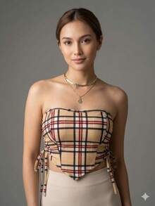 Cropped Feminino Top Faixa e Amarração Com Bojo Suplex Tomara que Caia Blogueirinha Tamanho Único - Veste do 36 ao 42 - Bege Xadrez - Visão 2