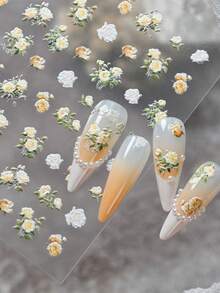 1 Sheet 5D Embossed Rose Nail Stickers - Yellow White Floral Decals For DIY Manicure - Multicolor - View 7