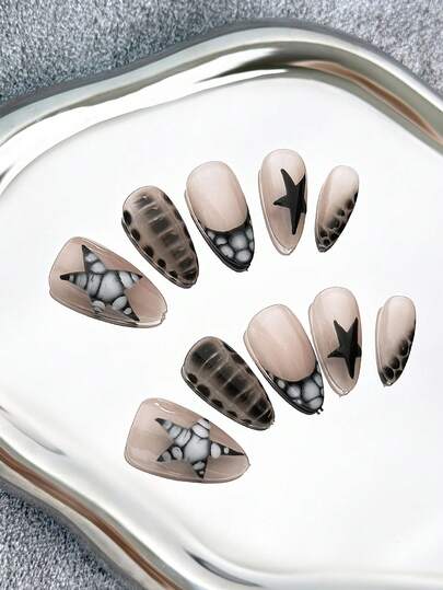 10 piezas/paquete Uñas postizas de almendra cortas de 24 mm estilo francés Y2K, hechas a mano, puntas de uñas transparentes, en colores nude, negro, blanco, tie dye, estrella de cinco puntas, únicas, versátiles, de moda, creativas, adecuadas para fiestas, exteriores, playa, uso diario, vacaciones, reuniones, trabajo y ocasiones especiales