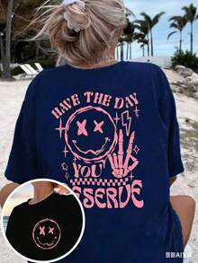 Women's 'Have A Day You Deserve' Graphic T-Shirt - Black, Breathable Short Sleeve Crew Neck Top With Happy Face And Letter Design, Casual Summer Wear - 藏蓝色 - 查看 3