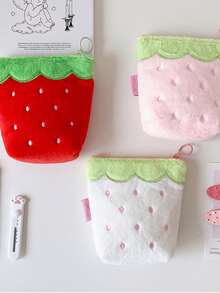 1pc Cute Plush Strawberry Storage Pouch, High-Quality Student Desk Organizer Bag, Portable Bluetooth Earphone Case, Cosmetic Bag - Strawberry - View 3