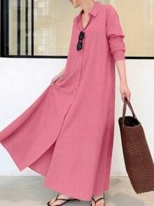 Vestido camisa largo de mujer casual de unicolor con botones delanteros para vacaciones, vestido camisa largo, negro casual, bajo acampanado con botones, manga larga, cuello, vestido camisa de manga larga minimalista con cuello vuelto, vestido suelto y relajado con botones delanteros, bajo acampanado y bolsillos, elegante rosa - Rosa - Ver 4