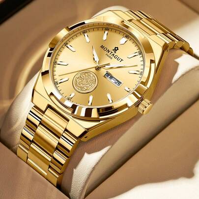 LOUIEJUELEN JUELEN 新款男士商务多功能腕表，金色水钻表盘，日本精密机芯，不锈钢表带，夜光指针，日历显示，LED 显示屏，防锈，可调节合金表壳，适合商务、通勤、会议、派对、毕业典礼等场合，奢华经典圆形表盘，是送给丈夫、家人和朋友的理想礼物。