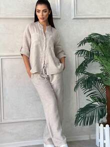 大尺碼女款亞麻兩件套，鈕扣領落肩上衣與寬腿褲，休閒居家優雅風 - 卡其色 - 查看 1