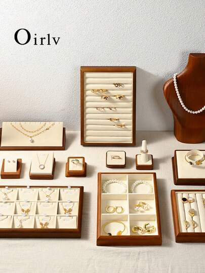 Oirlv Beige Wooden Jewelry Display Prop Jewelry Organizer Multifunctional Ring Pendant Bracelet Earrings Storage Tray Jewelry Display Props