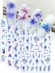 3D水彩花朵美甲贴纸4片装，渐变绽放墨蓝紫色花瓣几何条纹字母设计，DIY优雅时尚浪漫婚礼春夏花卉印花自粘美甲沙龙贴纸滑动式美甲装饰及用品，适合女性和女孩 - 彩色 - 查看 2