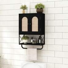 Rattan Bathroom Wall Cabinet, Boho Over The Toilet Storage Cabinet With Arched Rattan Doors, Modern Medicine Cabinet With Adjustable Shelves & Towel Bar, Small Rustic Oak Bathroom Organizer - Black - View 9