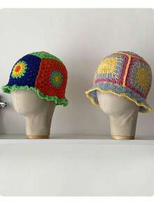 1 件 Y2K 彩虹拼布流苏条纹针织帽，手工钩编百搭大气渔夫帽，带蝴蝶结和镂空设计，温暖的冬季针织帽 - 彩色 - 查看 4