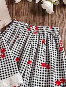 女童度假黑白格子樱桃印花两件套，吊带荷叶边上衣+阔腿裤，适合夏季野餐、海滩度假、生日派对和日常穿着，复古波西米亚风流行童装 - 黑色 - 查看 6
