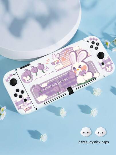 1 chiếc ốp bảo vệ máy chơi game 2 (2025) hình thỏ mây tím dễ thương, phụ kiện máy chơi game, bao gồm nắp cần điều khiển hình hoa mây, tương thích với Switch 2/Switch OLED/Switch NS, ốp bảo vệ có khe cắm thẻ, món quà tuyệt vời nhất cho người chơi Switch, quà tặng lễ Phục Sinh.