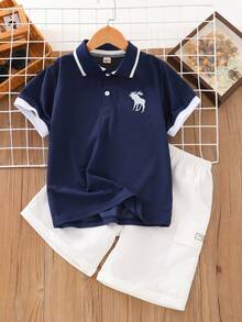 Boys' Summer New Polo Shirt & Shorts Set, Young Boy Short Sleeve Polo Shirt With Contrast Cuff Design, Deer Print, Casual Shorts With Side Pockets For Daily Wear & Play - Royal Blue - View 1